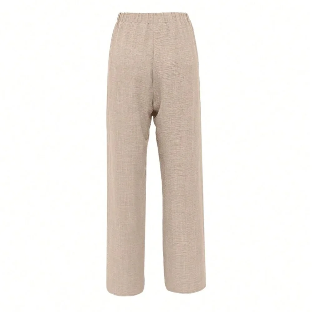 Khaki Casual Women's Side Lace Solid Denim Effect Long Pants